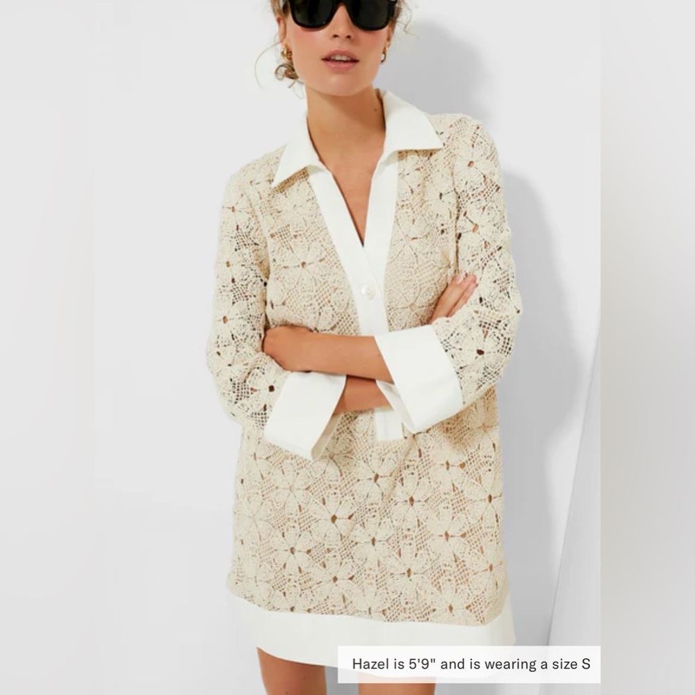 TUCKER NUCK Tan Crochet Collier Dress Cream Lace Button-Up Blouse